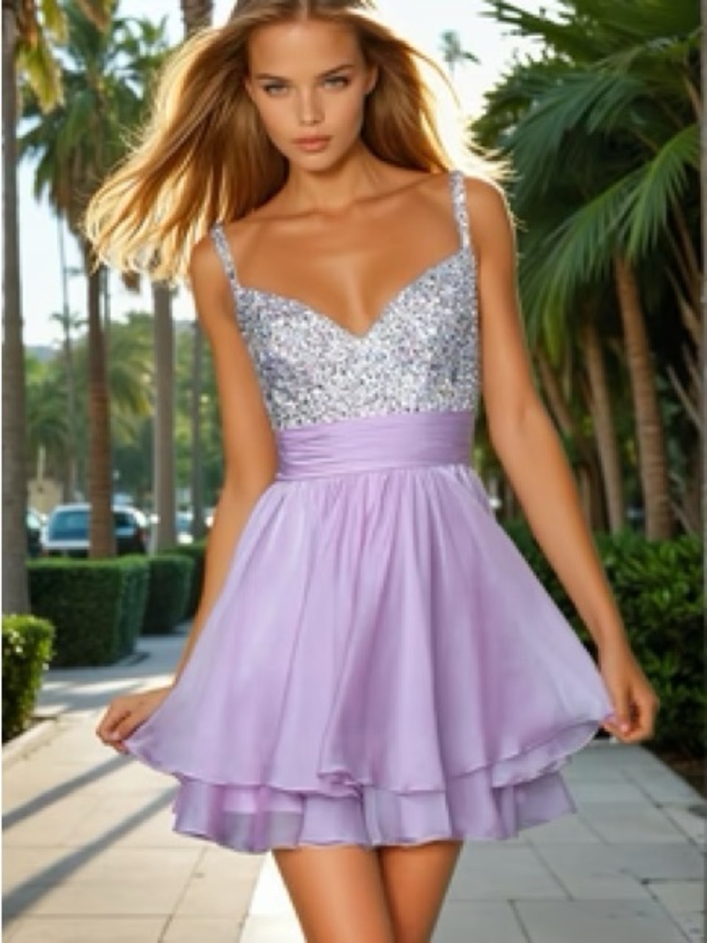 La Femme Short Tiered Party Dress with Beads
